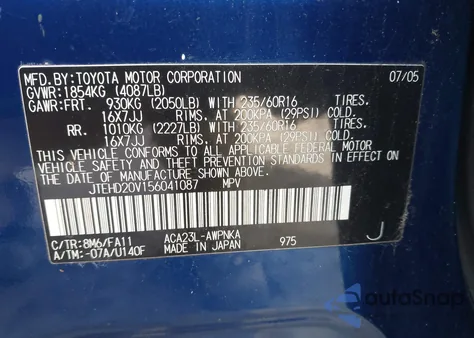 2005 Toyota Rav4 z USA, uszkodzony, nr VIN JTEHD20V156041087